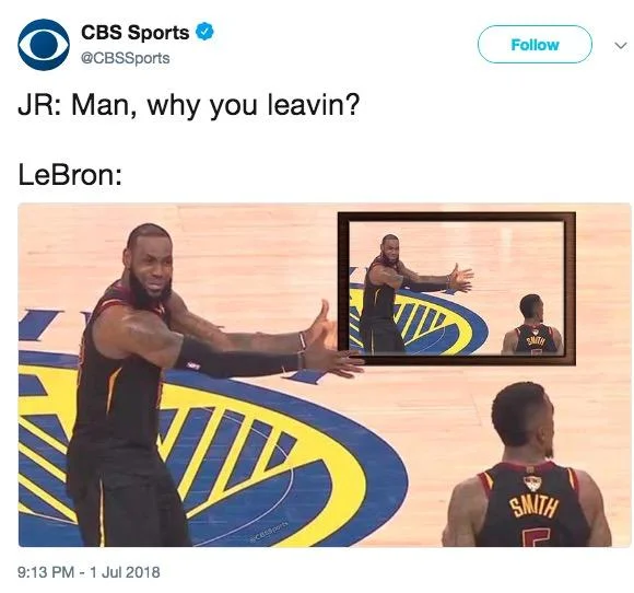 CBS Sports tweet showing LeBron James' exasperated reaction to JR Smith during 2018 NBA Finals