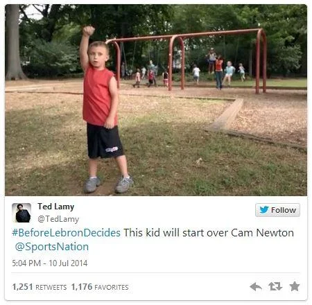 LeBron James — Tweet with a young child on a playground joking about BeforeLeBronDecides and Cam Newton