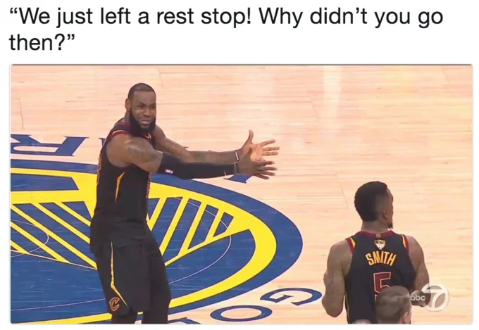 LeBron James's NBA Finals Reaction — LeBron reaction meme with road-trip rest stop caption