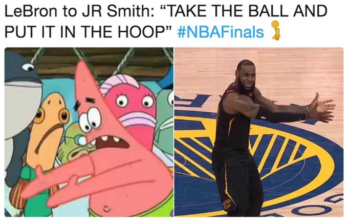 LeBron James's NBA Finals Reaction — SpongeBob Patrick scene next to LeBron reacting to JR Smith