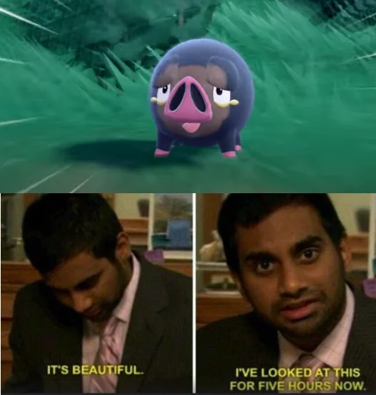 Aziz Ansari 'it's beautiful' meme reacting to a Lechonk image