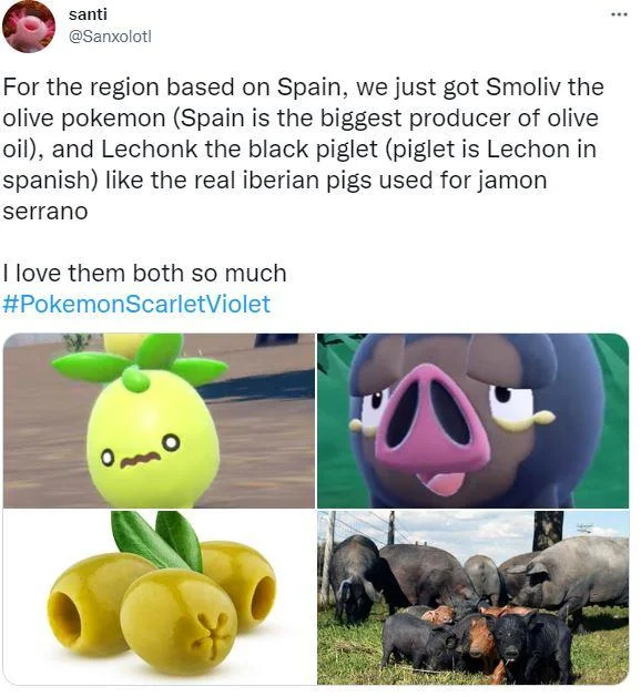 Tweet explaining Lechonk and Smoliv's Spanish Iberian pig and olive inspirations