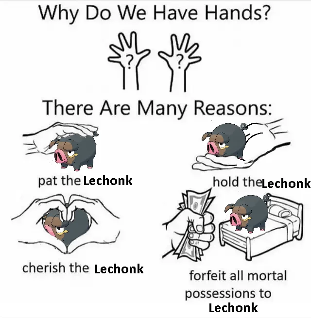 Why Do We Have Hands meme listing reasons to interact with Lechonk