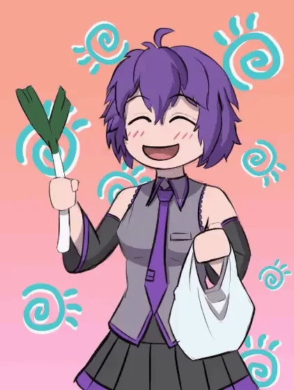 Purple-haired anime girl holding a leek and grocery bag in a Leekspin-style animation