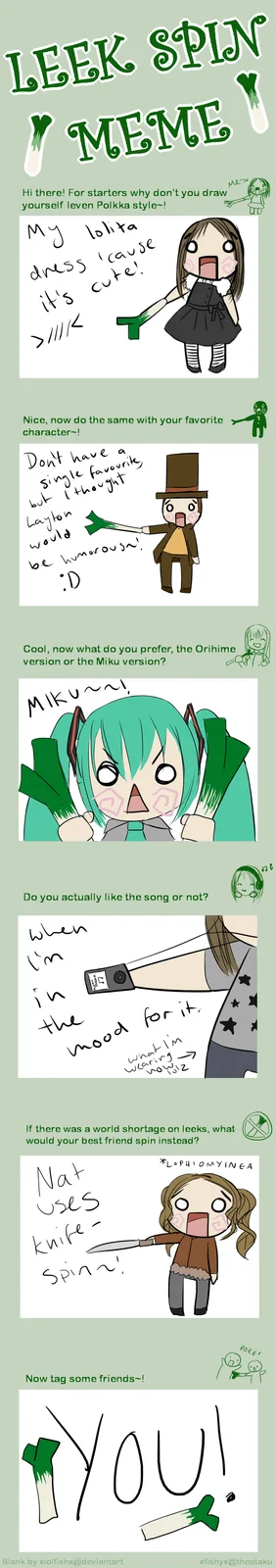 A vertical comic-style fan artwork explicitly titled 'LEEK SPIN MEME' featuring anime-style illustrated characters with handwritten annotations celebrating the