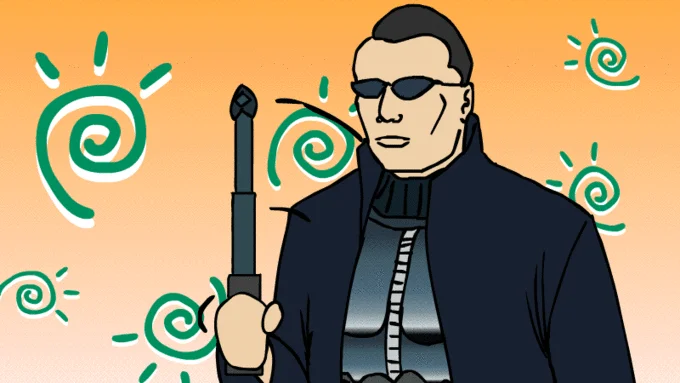 Leekspin — An illustration of a character in dark clothing holding a leek, surrounded by teal spiral patterns against an orange gradient background.