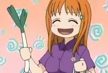 Leekspin — A bright, colorful anime-style illustration of a character with orange hair smiling joyfully while holding a green leek against a pink background