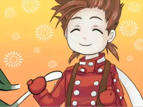 Leekspin — An anime character in red military-style clothing with reddish-brown hair, smiling happily while holding a leek against a yellow background