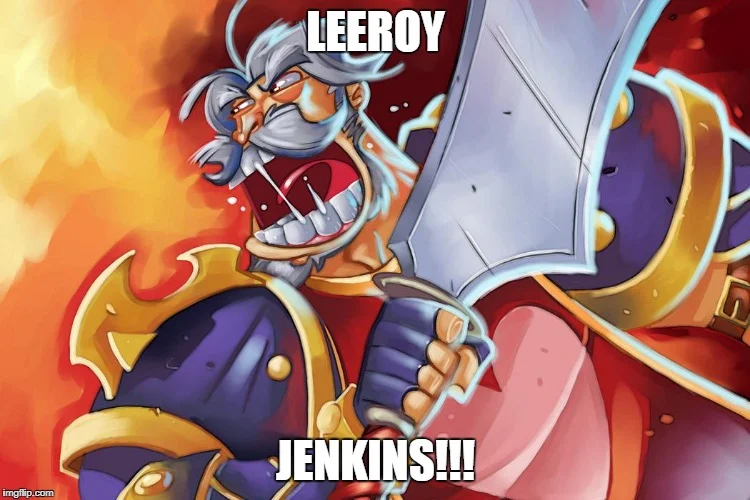Leeroy Jenkins — A close-up of the armored knight character design with bold white text split across the image reading 'LEEROY' and 'JENKINS!!!'