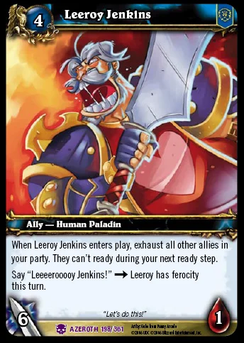 A digital collectible card game card depicting Leeroy Jenkins as an armored Paladin character with text describing the character's game mechanics ability.