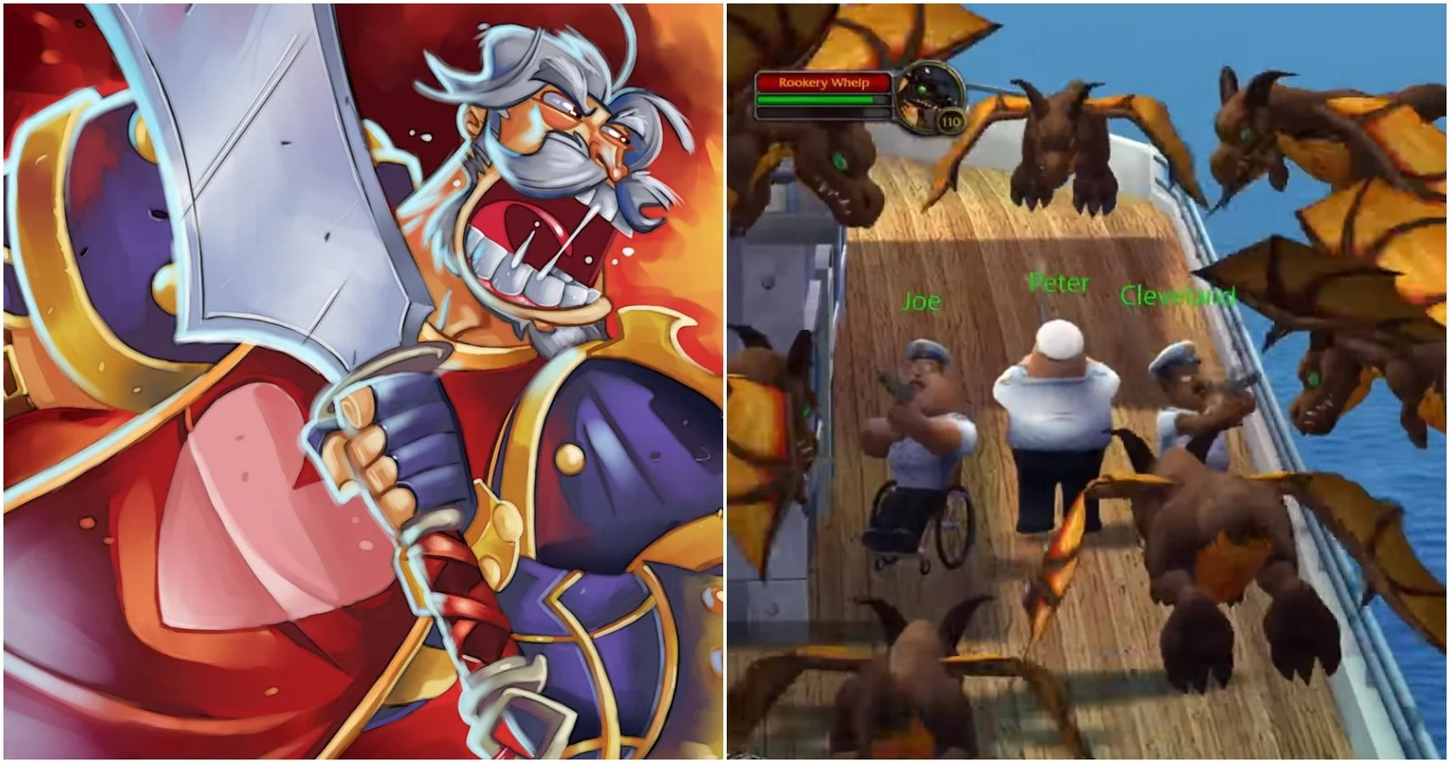 Leeroy Jenkins — Two side-by-side World of Warcraft screenshots showing a character and a raid encounter.