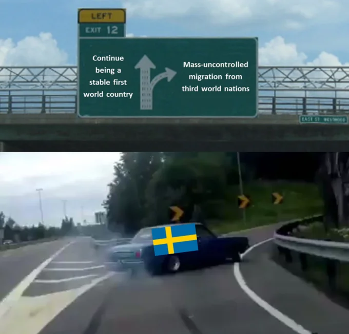 Left Exit 12 Off-Ramp — Left Exit 12 meme with Sweden flag car choosing mass migration over being a stable first world country