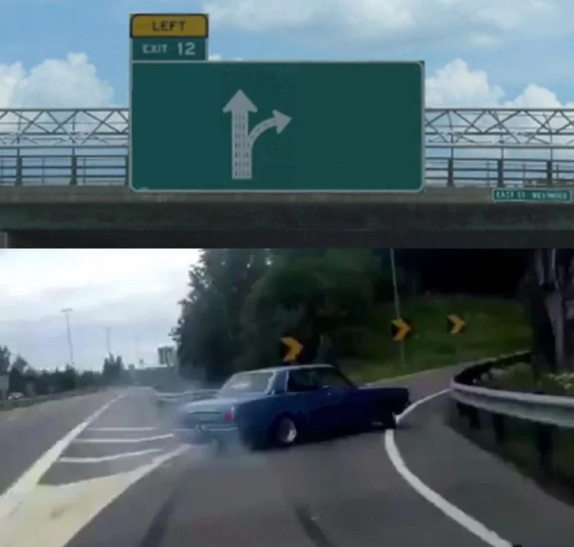 Left Exit 12 Off Ramp — Clean template version of the Left Exit 12 meme featuring a blue car on a highway beneath a blank green directional sign ready for