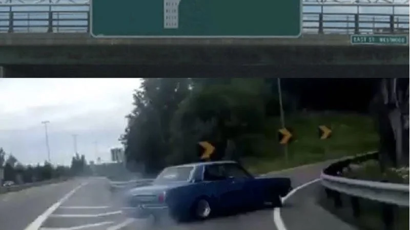 Left Exit 12 Off Ramp — Stripped-down Left Exit 12 meme showing primarily the highway scene with a car swerving and partial directional sign at top, with no