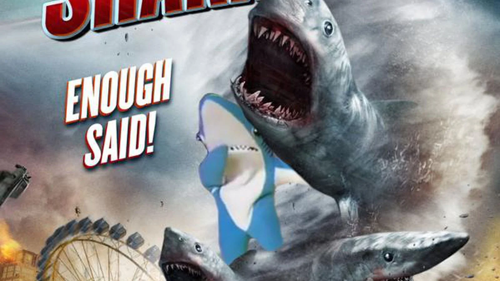 Left Shark mascot figure superimposed on a Sharknado-style movie poster with giant sharks and 'ENOUGH SAID!' text