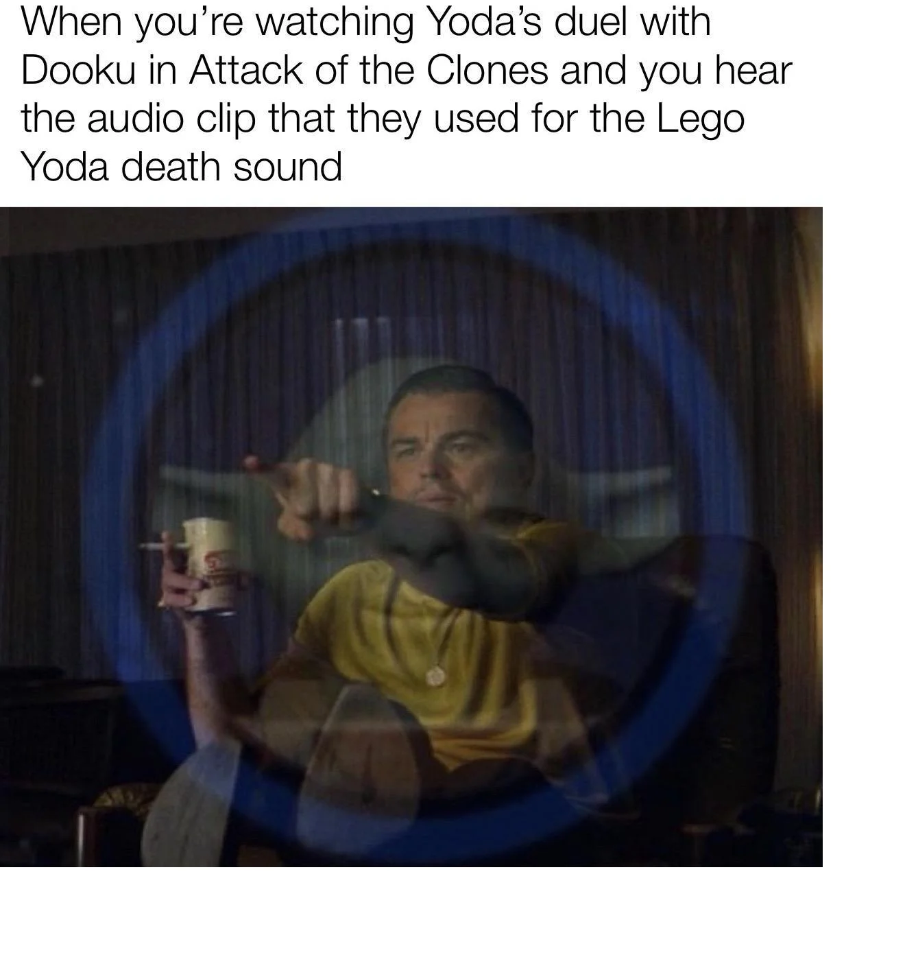 Lego Yoda Death Sound — Leonardo DiCaprio pointing meme overlaid on Lego Yoda blue circle with caption about recognizing the death sound in Attack of the Clones