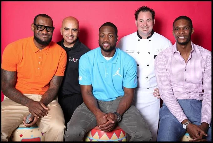 Lelbron — LeBron James with nerd glasses posing with Dwyane Wade, Chris Bosh and chefs