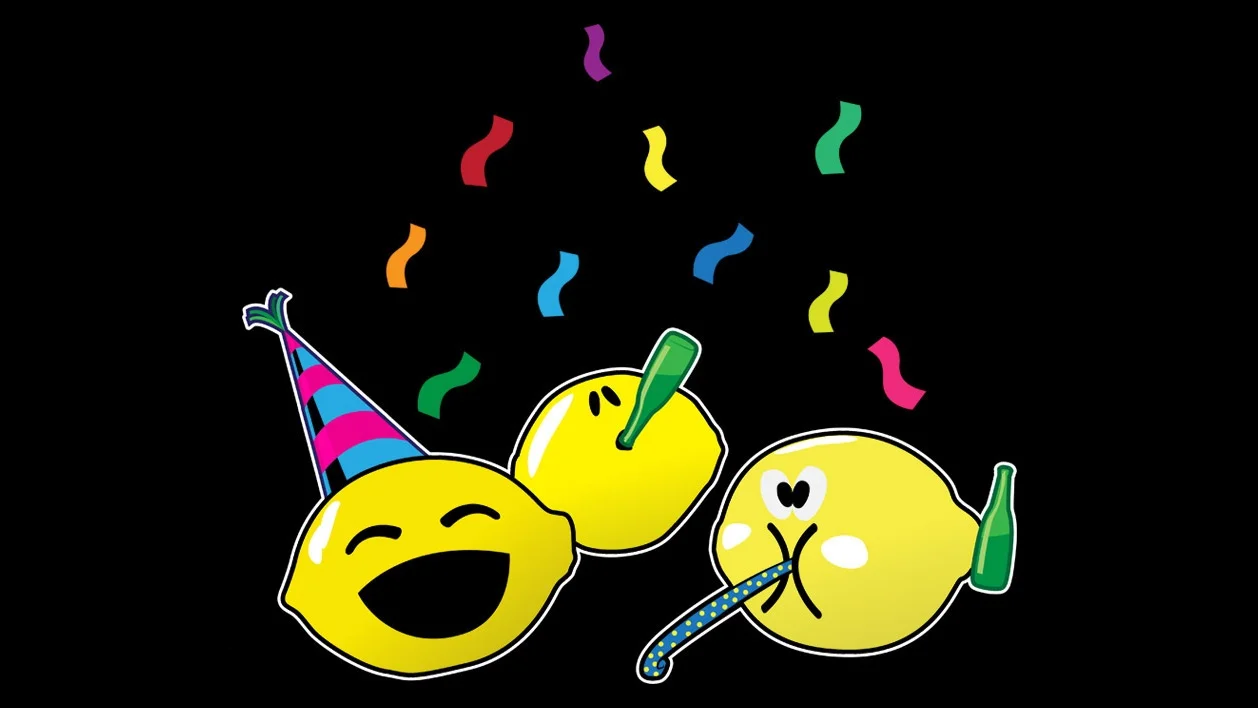 Lemon Party — Cartoon lemons wearing party hats and blowing horns with confetti