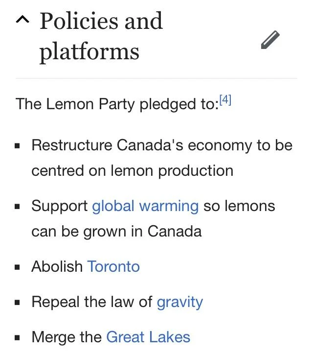 Screenshot of joke Wikipedia policies section for a fictional Lemon Party