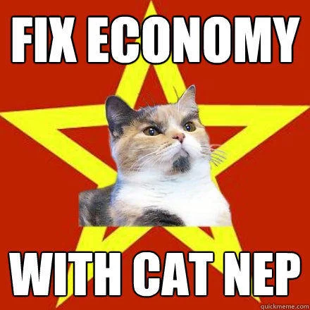 Lenin Cat meme joking about fixing the economy with a cat version of the New Economic Policy.
