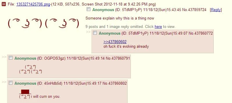 ( ͡° ͜ʖ ͡°) Lenny Face — Screenshot of an early 4chan thread showing multiple Lenny Face emoticons with users asking why it's a thing