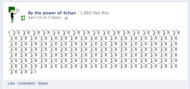 ( ͡° ͜ʖ ͡°) Lenny Face — Facebook post by 'By the power of 4chan' filled with rows of Lenny Face emoticons, 1,860 likes.