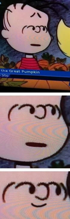 ( ͡° ͜ʖ ͡°) Lenny Face — Three-panel Peanuts screenshot zooming in on Linus's face from 'It's the Great Pumpkin,' whose eyes and mouth resemble the Lenny Face