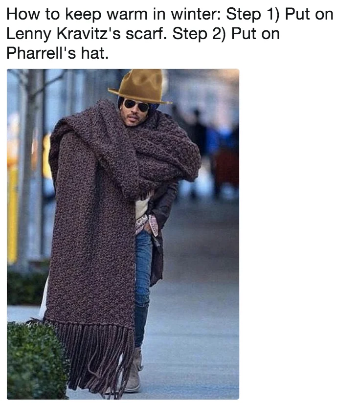 Lenny Kravitz's Giant Scarf — Comparison meme of Apple event "scarf guy" beside Lenny Kravitz in his giant scarf