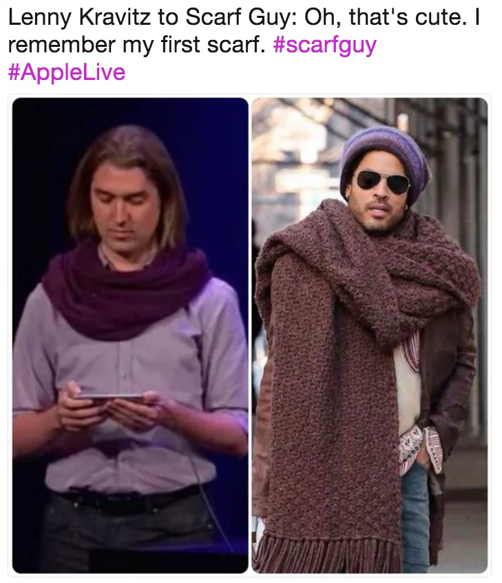 Lenny Kravitz's Giant Scarf — Photoshopped meme showing Lenny Kravitz's scarf enlarged to tower over him with joke caption