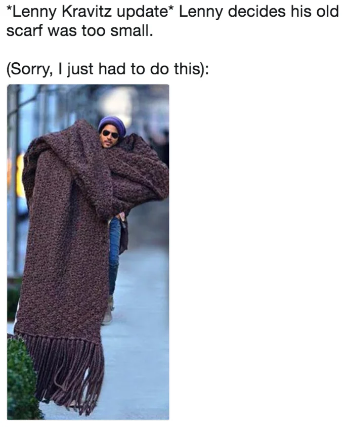 Lenny Kravitz's Giant Scarf — Tweet by Jane Belfry captioned "Wow Lenny Kravitz scarf game is tew much" with photo of Kravitz in giant scarf