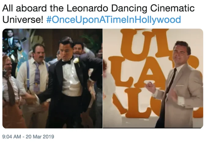 Side-by-side tweet comparing Leonardo DiCaprio dancing scenes from The Wolf of Wall Street and Once Upon a Time in Hollywood