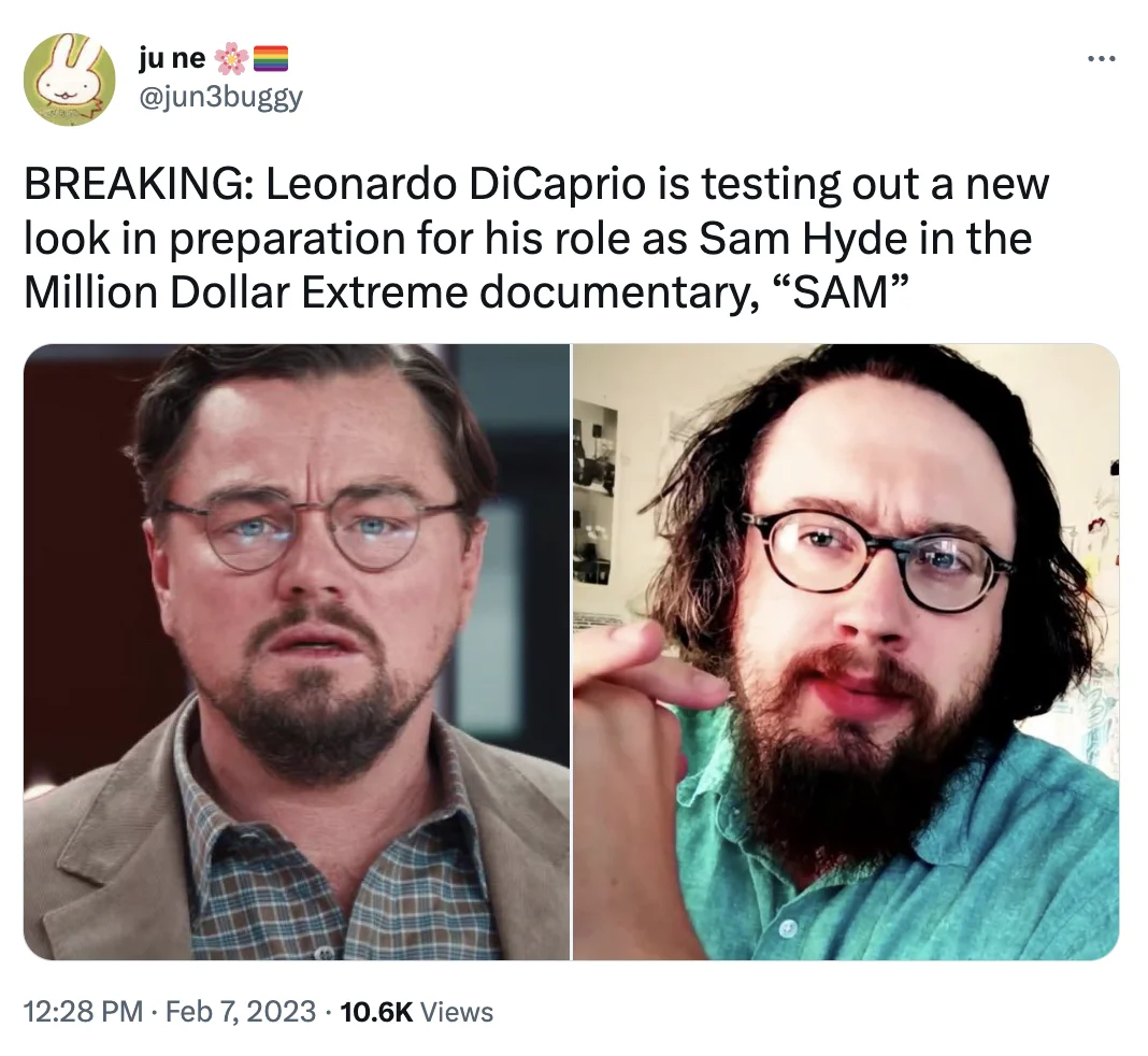 Tweet comparing Leonardo DiCaprio to Sam Hyde as a joke casting announcement