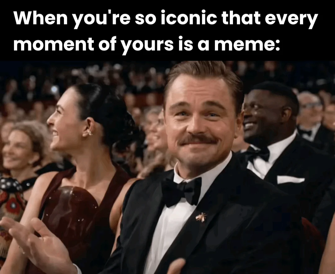 Leonardo DiCaprio clapping at the Oscars with meme caption about being iconic