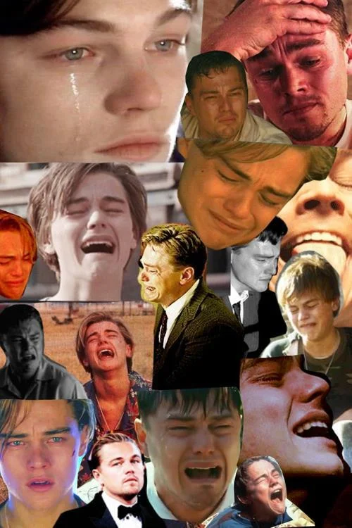 Leonardo DiCaprio's Oscar — Collage of many crying Leonardo DiCaprio movie screenshots