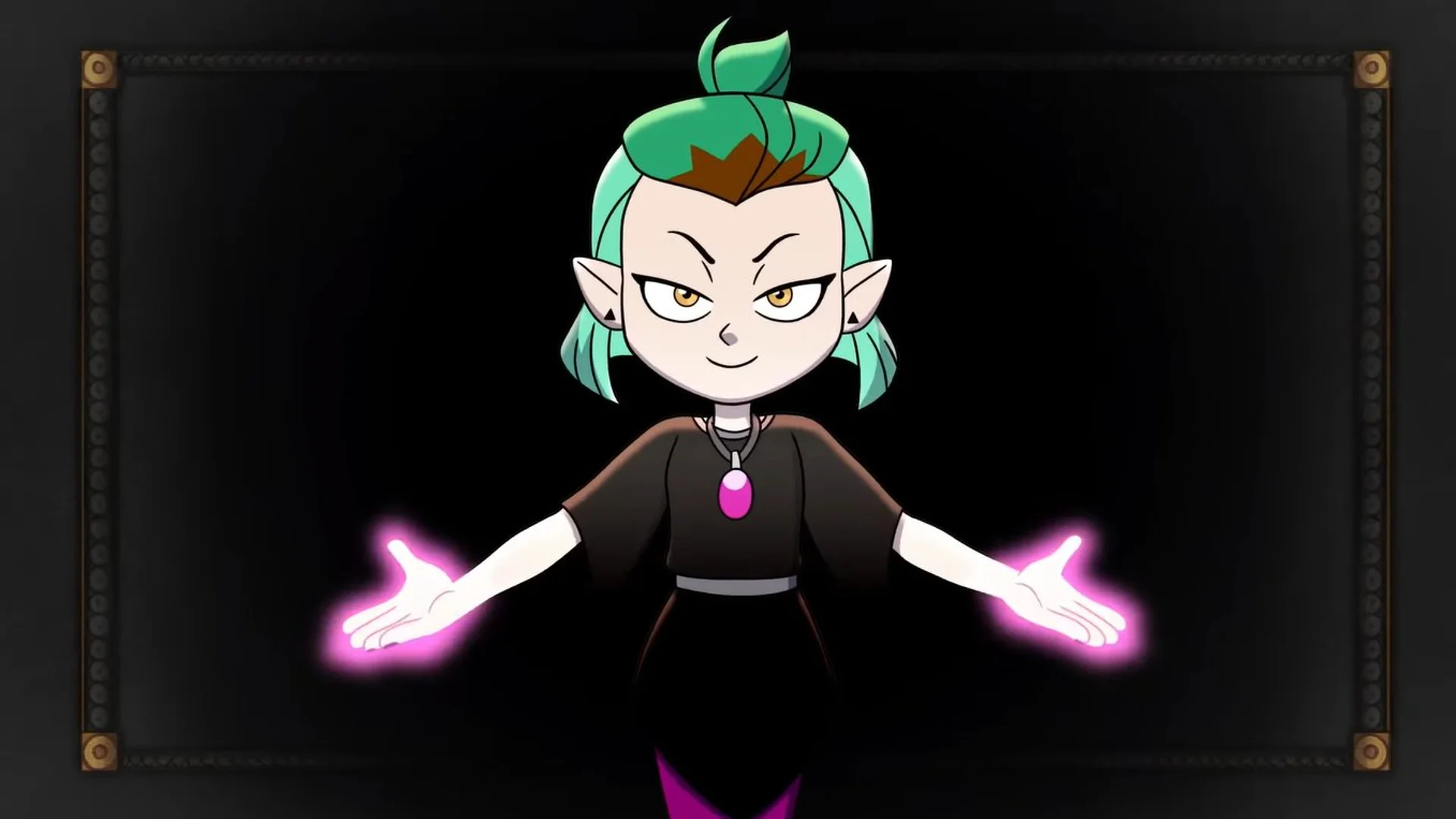 Lesbian Pose — Amity Blight from The Owl House standing with arms outstretched and glowing pink hands