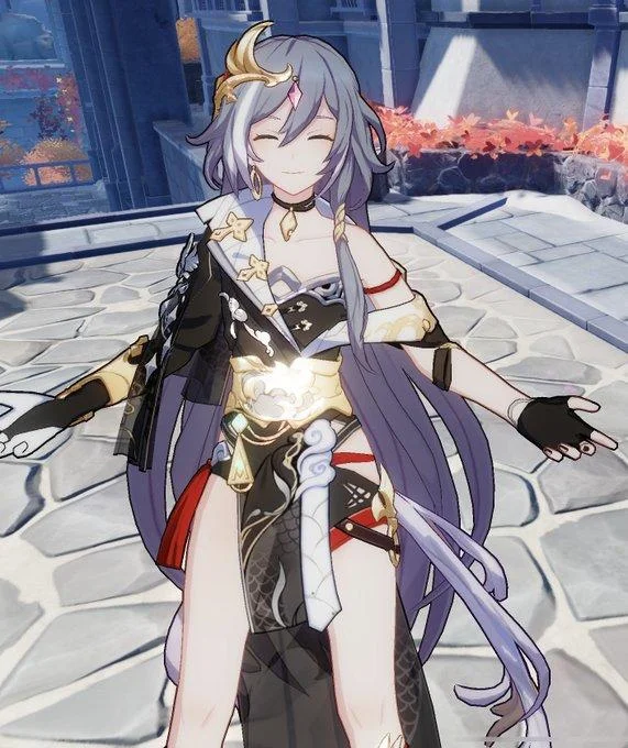 Lesbian Pose — Silver-haired anime character in black outfit standing with arms outstretched