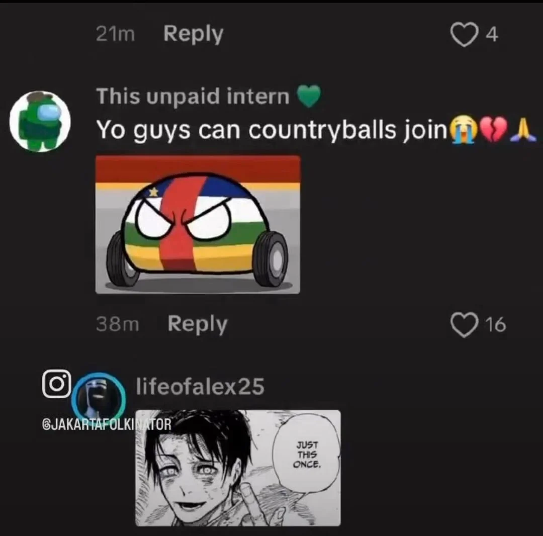 Lesbian Space Princess Fandom War — TikTok comment asking if Countryballs can join the truce with a Polandball image and 'just this once' reply