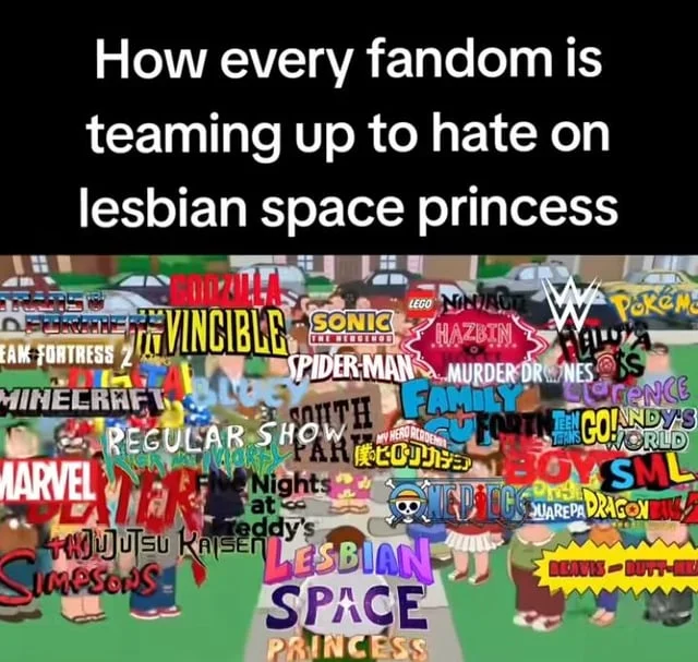 Lesbian Space Princess Fandom War — Cartoon crowd of dozens of franchise logos ganging up on a small Lesbian Space Princess logo