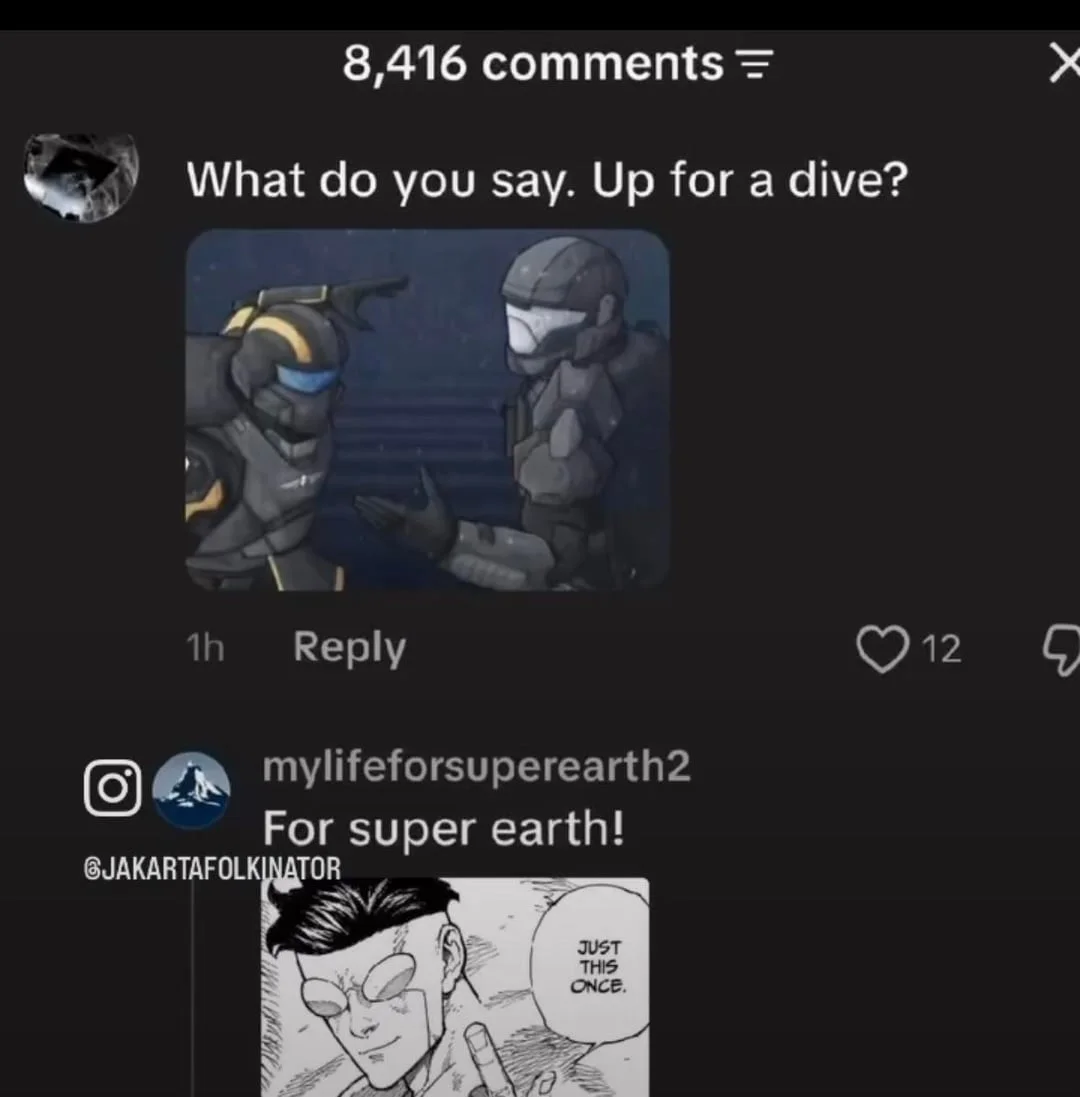 Lesbian Space Princess Fandom War — TikTok comments with Helldivers characters agreeing to team up 'just this once'
