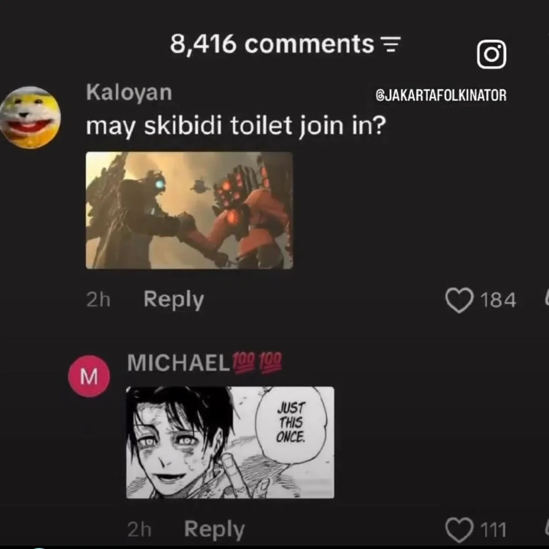 Lesbian Space Princess Fandom War — TikTok comment asking if Skibidi Toilet can join the fandom truce with a 'just this once' manga reply