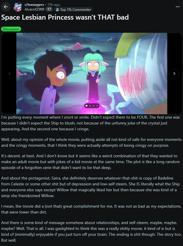 Reddit post from r/teenagers reviewing Lesbian Space Princess with an in-film screenshot