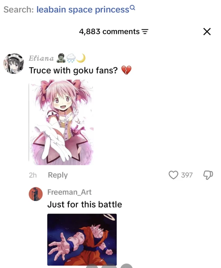 TikTok search results and comments joking about a truce between anime fandoms over Lesbian Space Princess