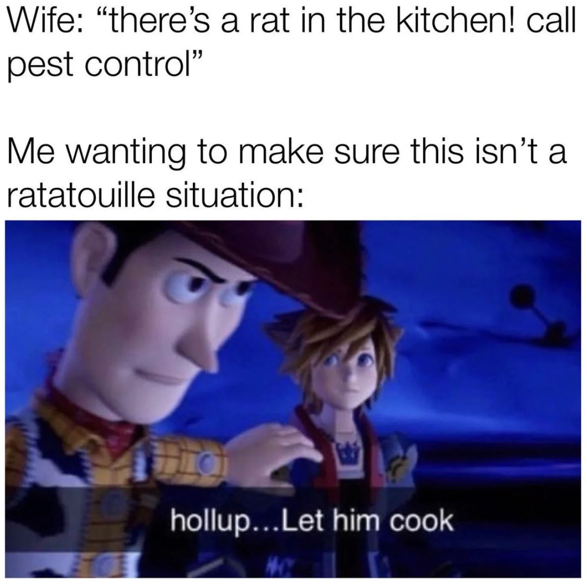 Meme with setup text and Toy Story 'let him cook' scene