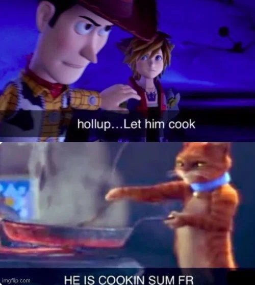Toy Story characters with text 'hollup...Let him cook'