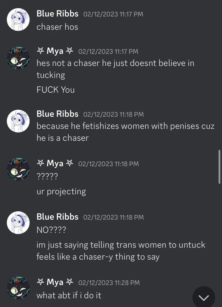 Let It Hang, Sister — Discord chat screenshot of Blue Ribbs and Mya debating chaser accusations around telling trans women to untuck.