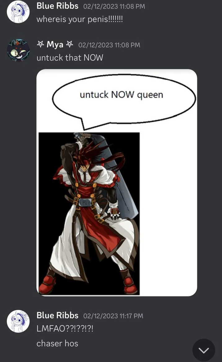 Let It Hang, Sister — Discord chat screenshot showing a Guilty Gear character meme with the caption 'untuck NOW queen'.