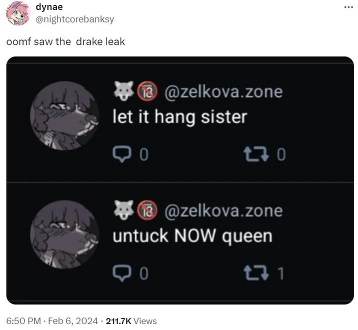 Let It Hang, Sister — Tweet by @nightcorebanksy quoting two @zelkova.zone posts reading 'let it hang sister' and 'untuck NOW queen'.