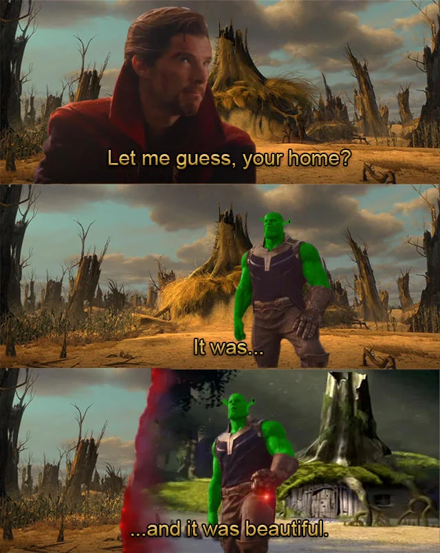 Let Me Guess, Your Home? — Three-panel meme with Doctor Strange and a green Shrek-recolored Thanos standing in Shrek's swamp