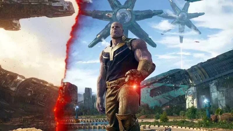 Let Me Guess, Your Home? — Thanos standing on Titan with a red dissolve seam and floating alien structures in the background