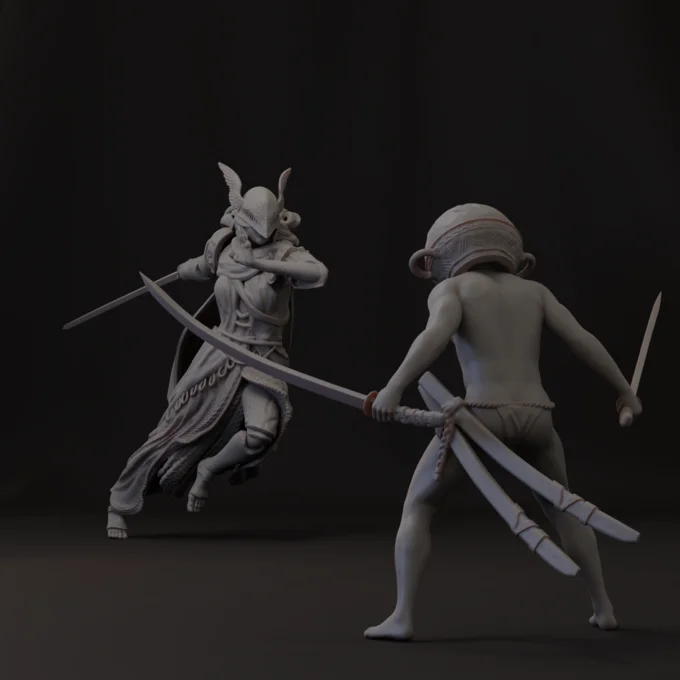 Let Me Solo Her — Two grayscale 3D character models in combat poses